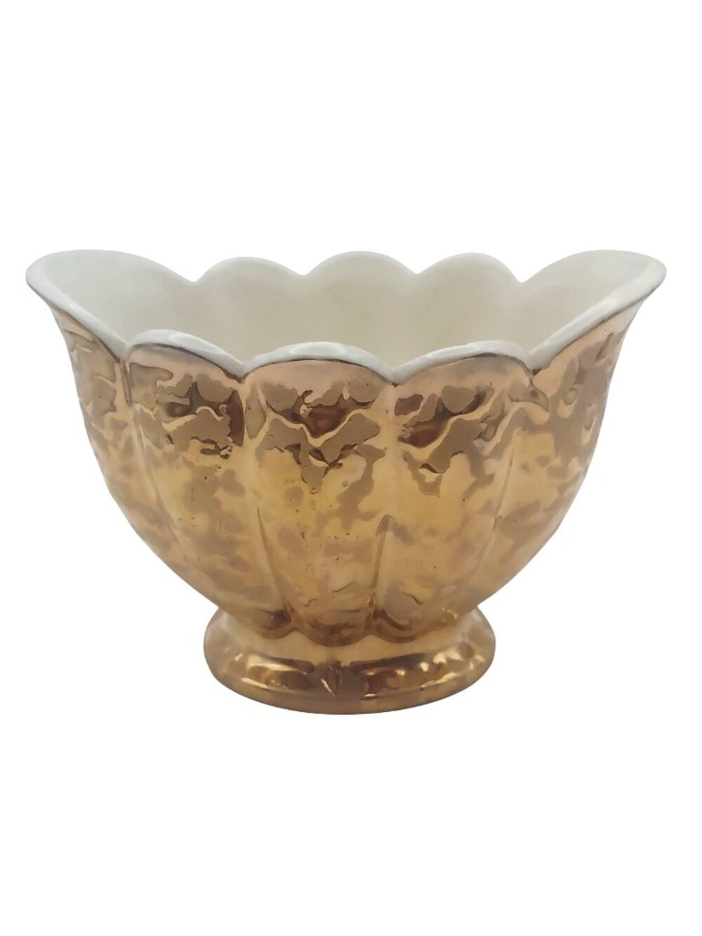 Weeping Gold 24K Bowl Oval Scalloped Ceramic Pedestal Vintage Mid-Century Modern
